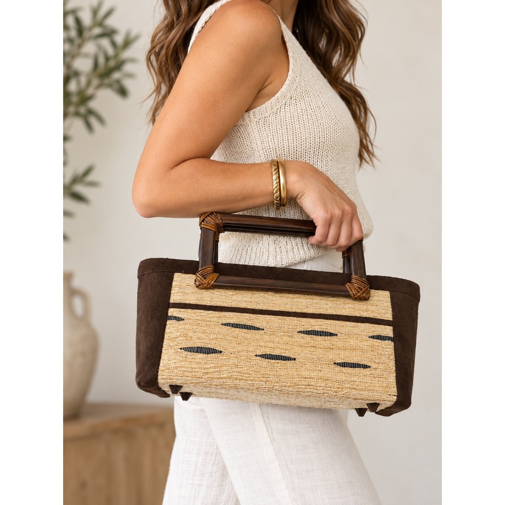 Handmade Java Indonesia Woven Cotton Suede Wood Handle Artisan Boho Handbag
